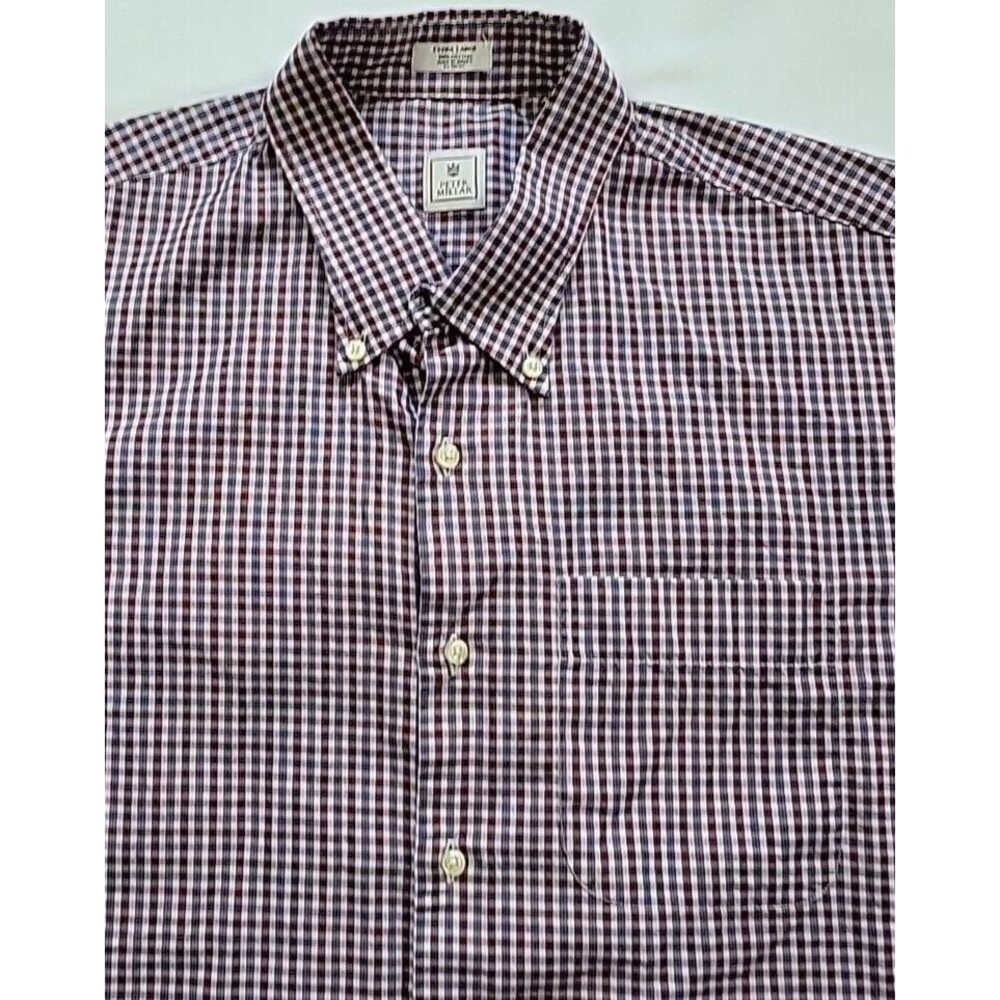 Peter Millar Dress Shirt Men’s XL Maroon Blue Plaid Check 100% Cotton Button Up